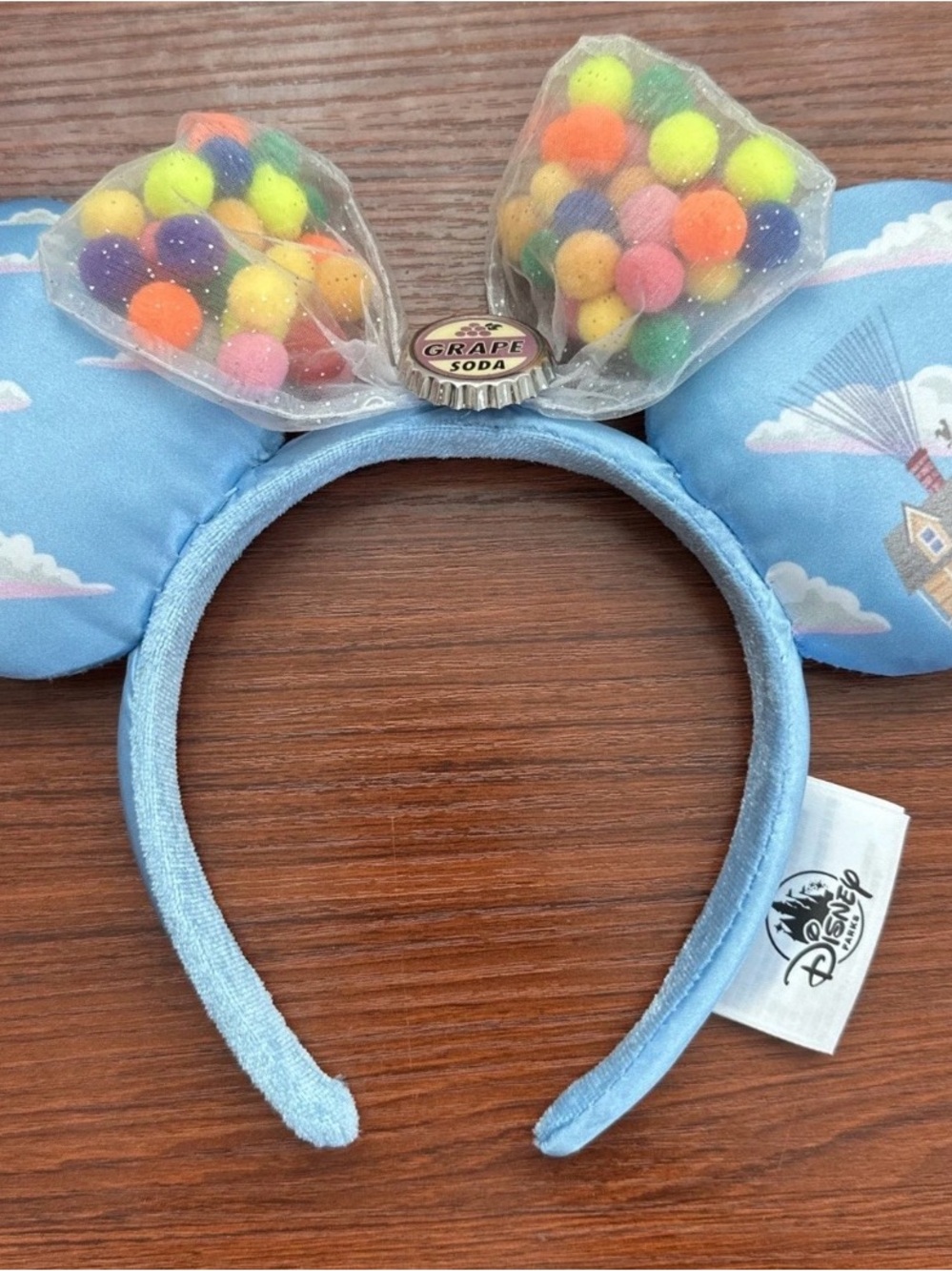 Disney Parks Blue Pixar Up Minnie Ears Headband Pom Poms In Bow EUC